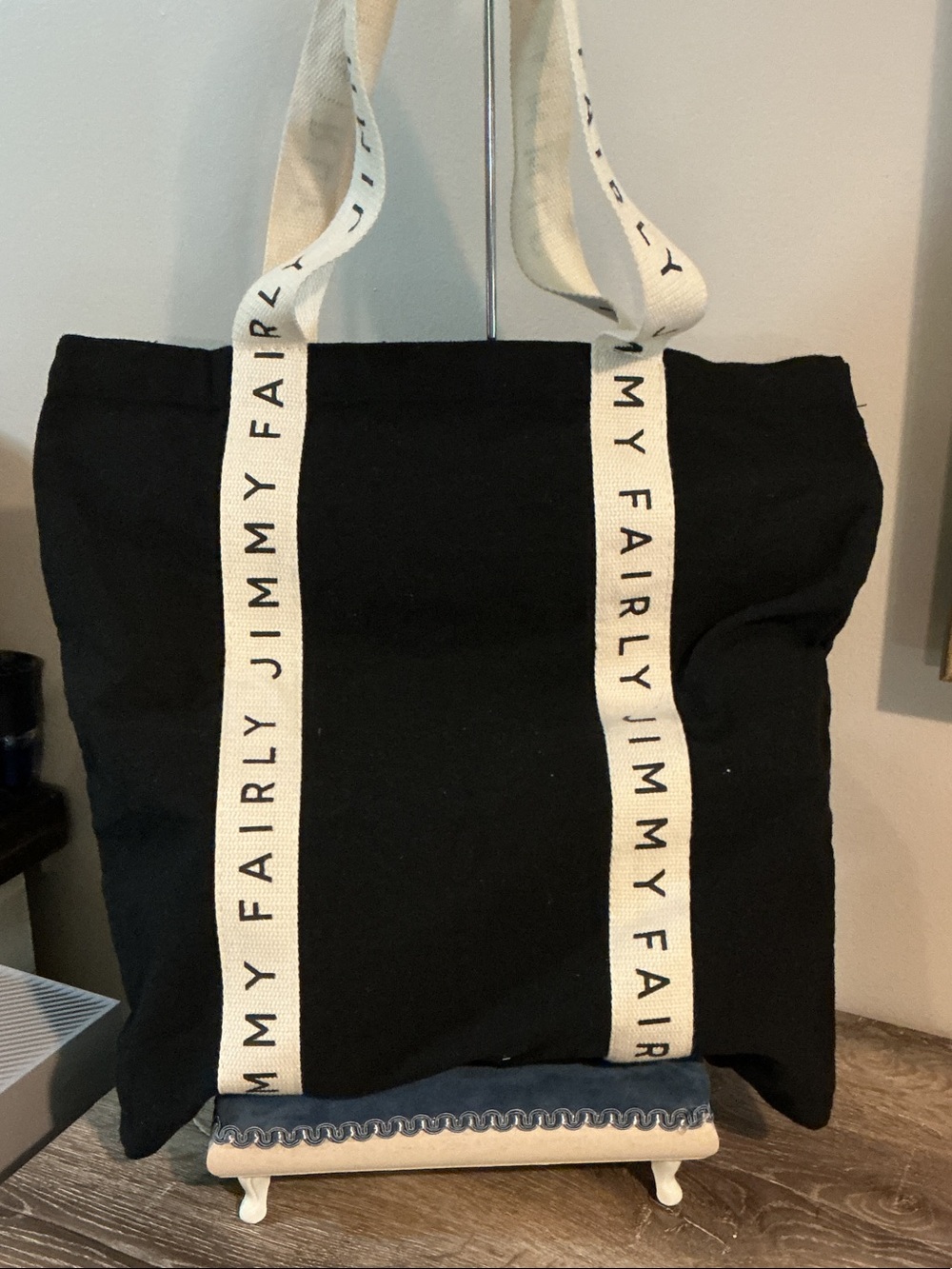 Jimmy Fairly by Anthropologie Black Canvas Tote with Branded Ivory Straps EUC